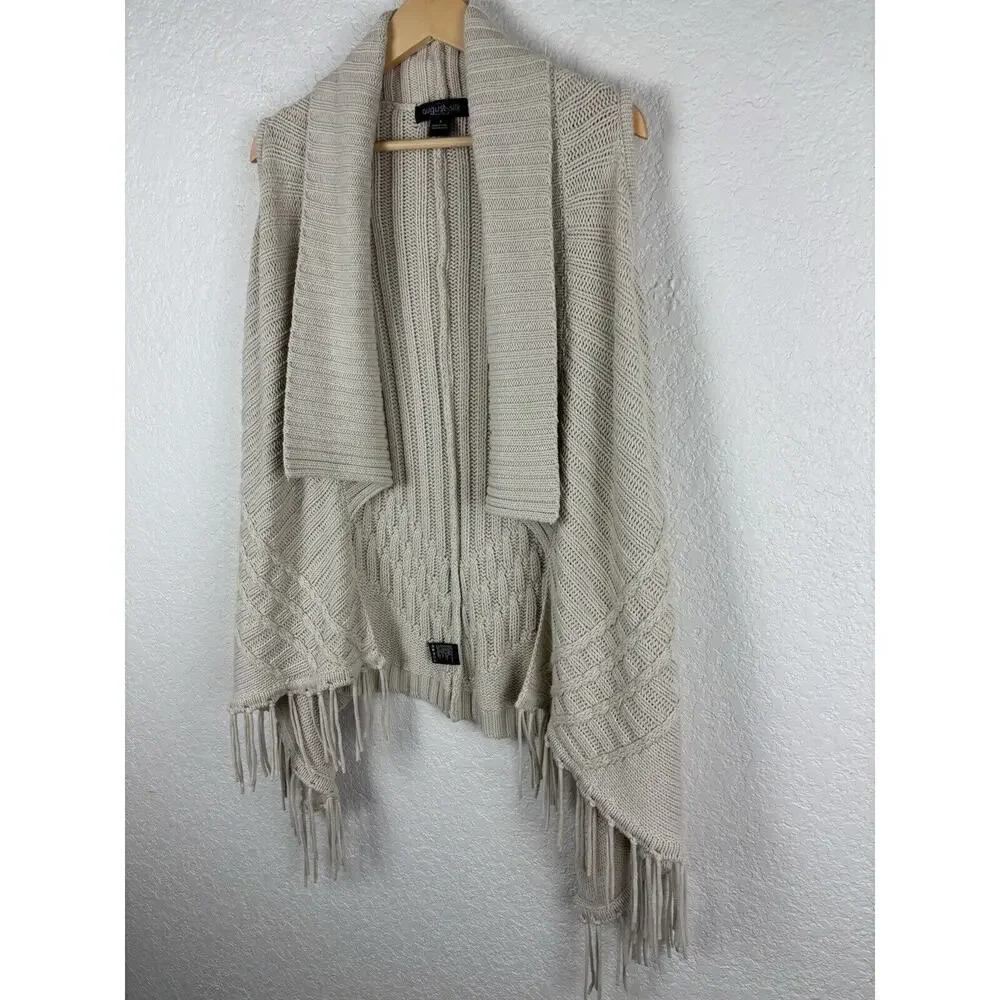 August Silk Womens‎ Shrug Cardigan Small Beige Fringe Western Grandma MINOR FLAW